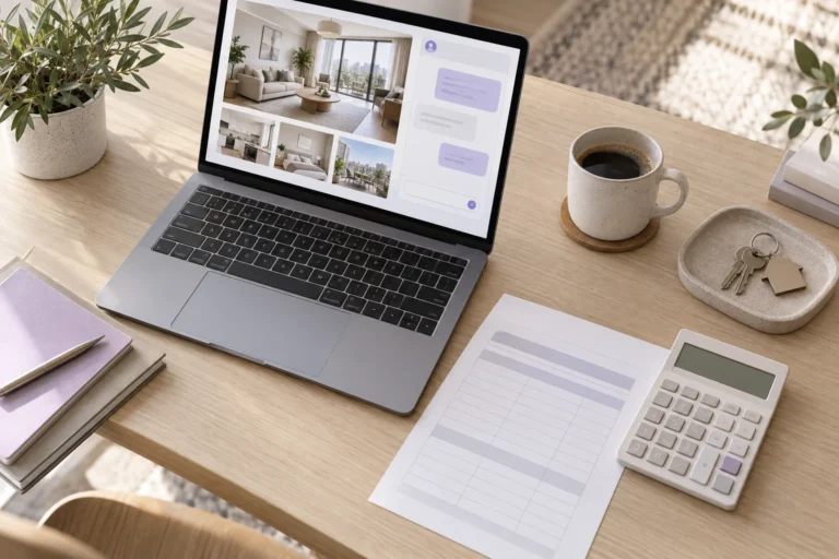 Property website on a laptop beside a calculator and budget worksheet