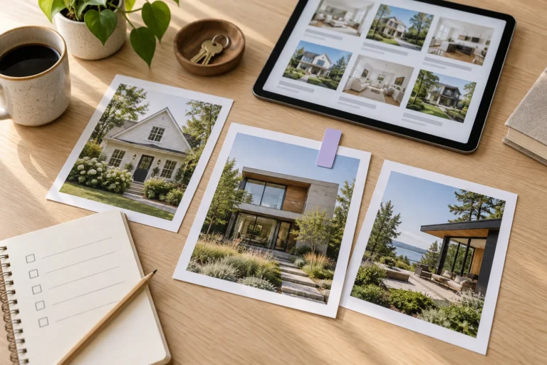 Three property photographs beside a listing grid and a buyer requirements checklist