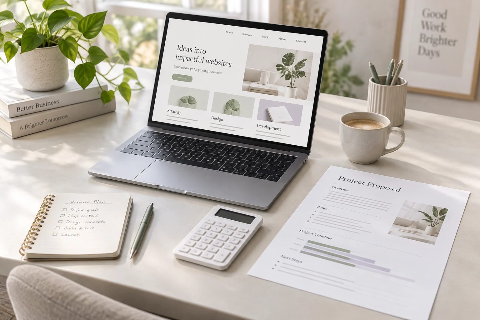 Laptop showing a website beside a project proposal and calculator on a desk