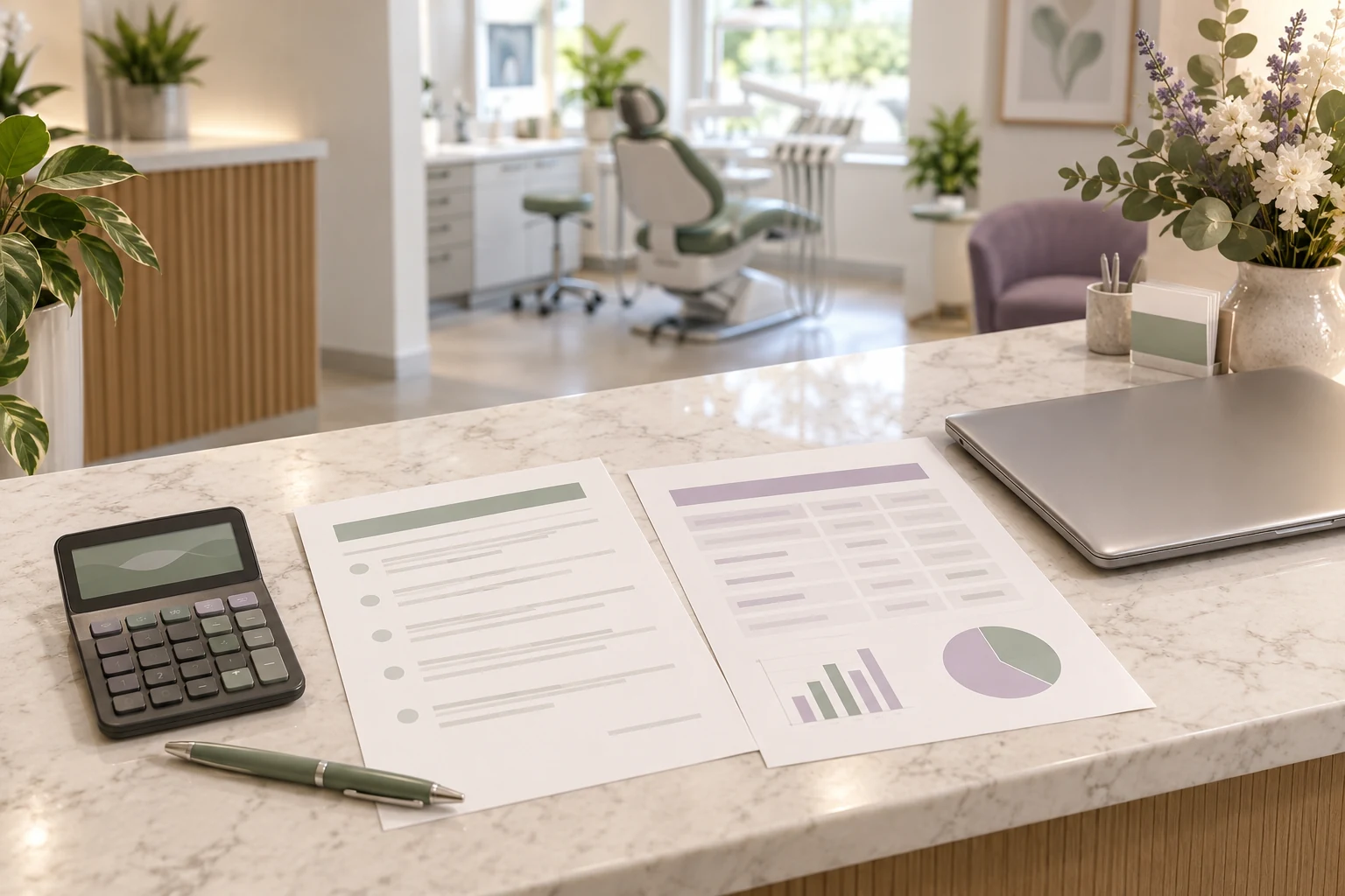 Calculator, blank proposal sheets and laptop on a dental practice reception desk