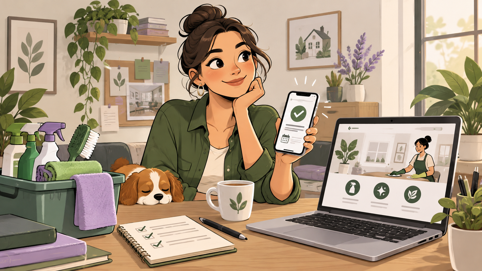 Illustrated cleaning business owner with a website, messaging phone and cleaning supplies