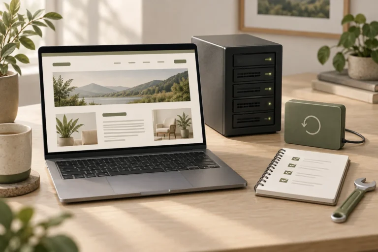 Conceptual business website beside a server, backup drive, maintenance checklist and wrench