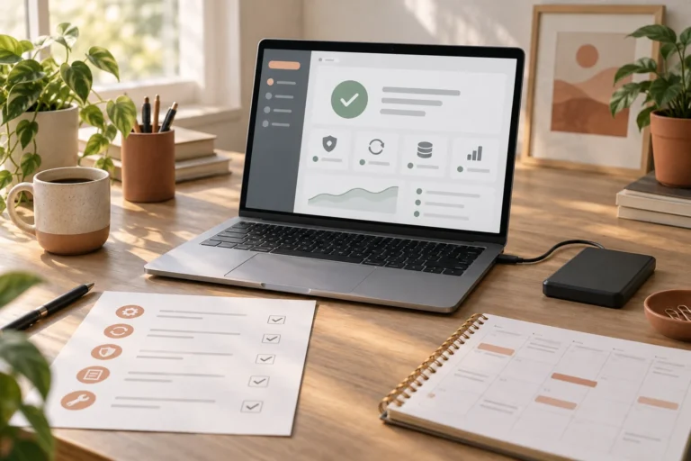 Laptop with a conceptual website health dashboard beside a backup drive and maintenance planner