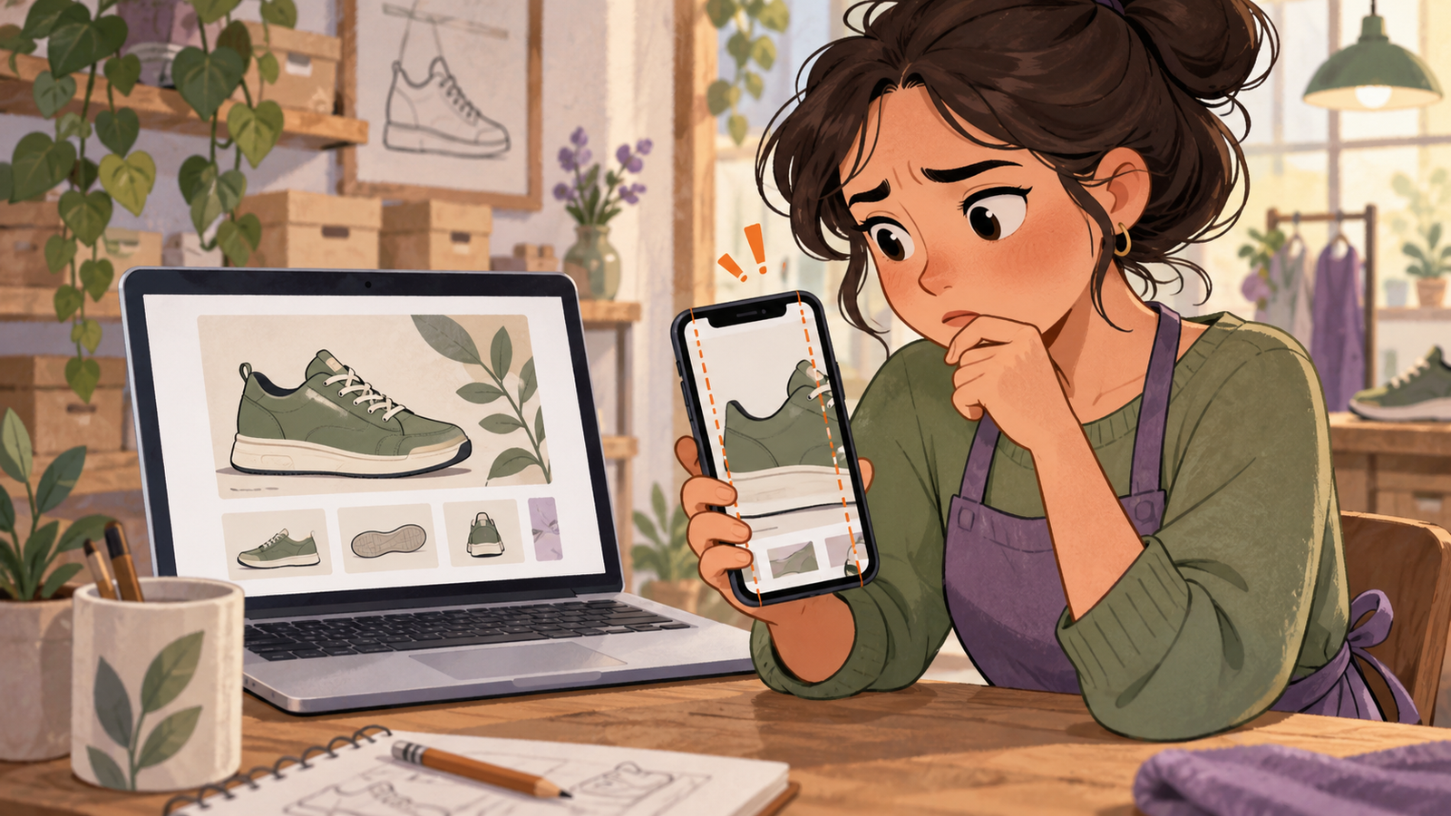 Illustrated shop owner comparing a desktop product layout with a product card overflowing a phone screen