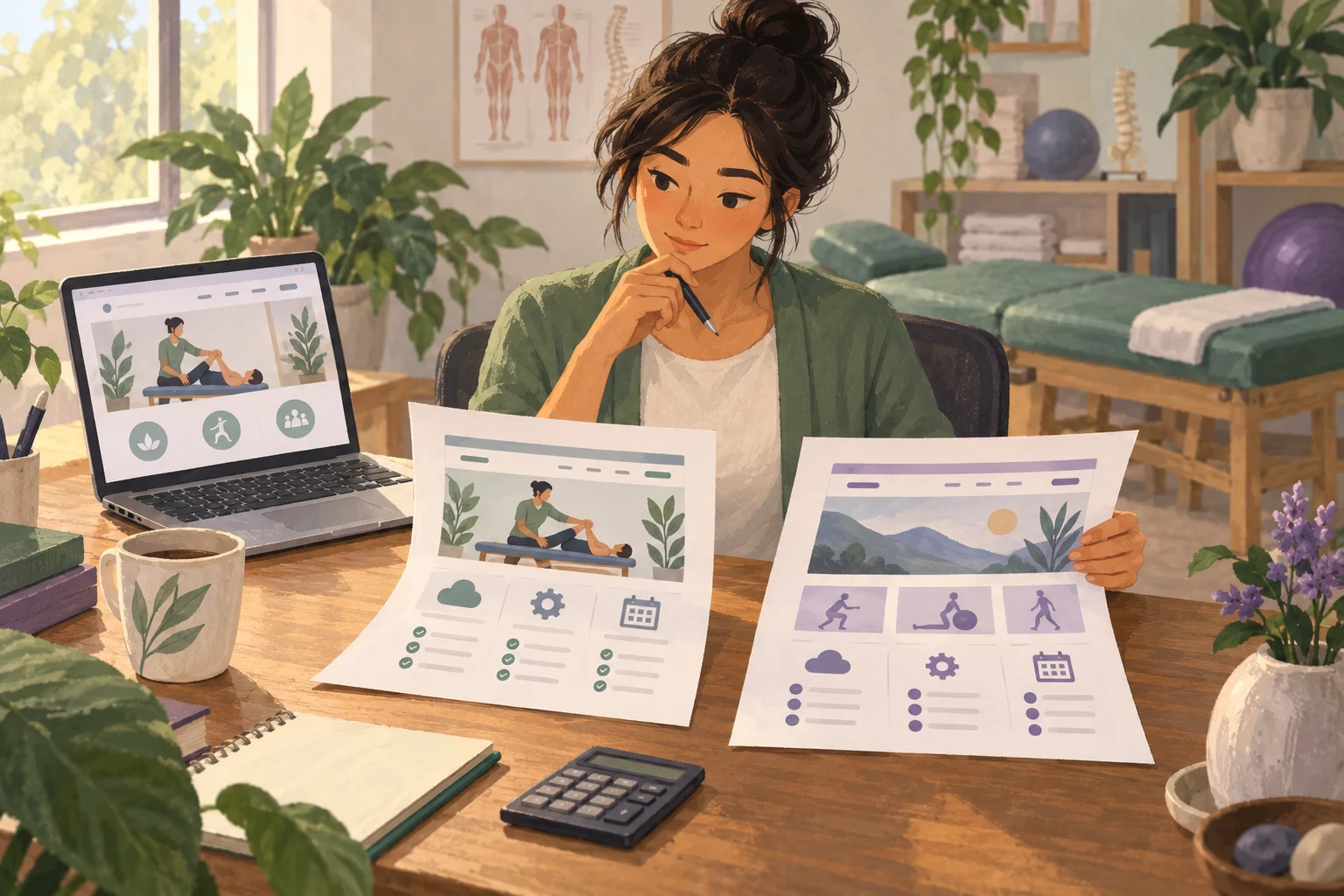 Illustrated practice owner comparing website proposals beside a laptop and calculator
