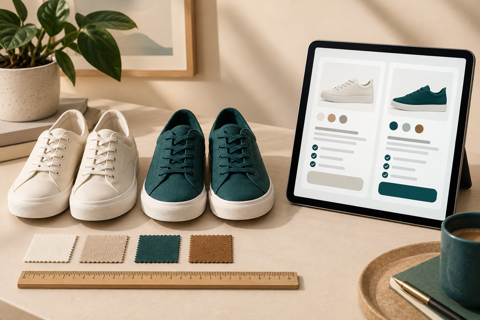 Two pairs of shoes beside a tablet with abstract product comparison cards