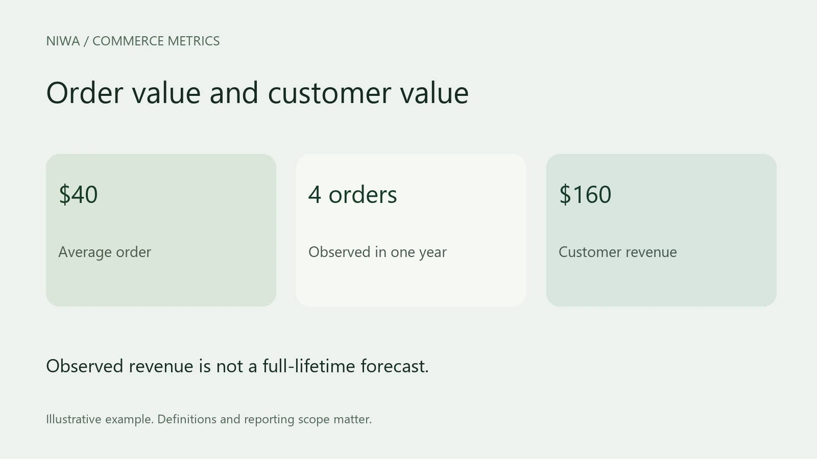 Order value and customer value. Observed revenue is not a full-lifetime forecast.
