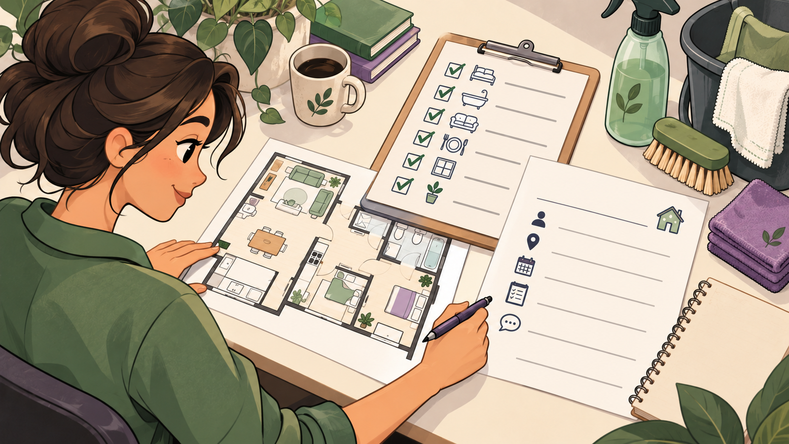 Illustrated cleaning coordinator reviewing a floor plan and quote checklist