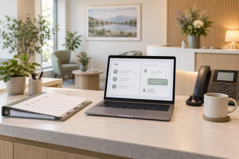 Clinic reception laptop with administrative FAQ cards beside a telephone and information binder