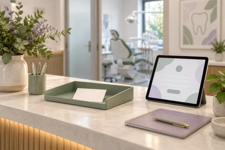 Blank request card in a reception tray beside a tablet enquiry form in a dental practice