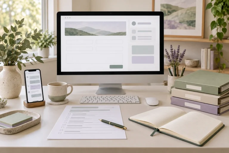 Website enquiry form beside a project questionnaire, phone messages and client folders