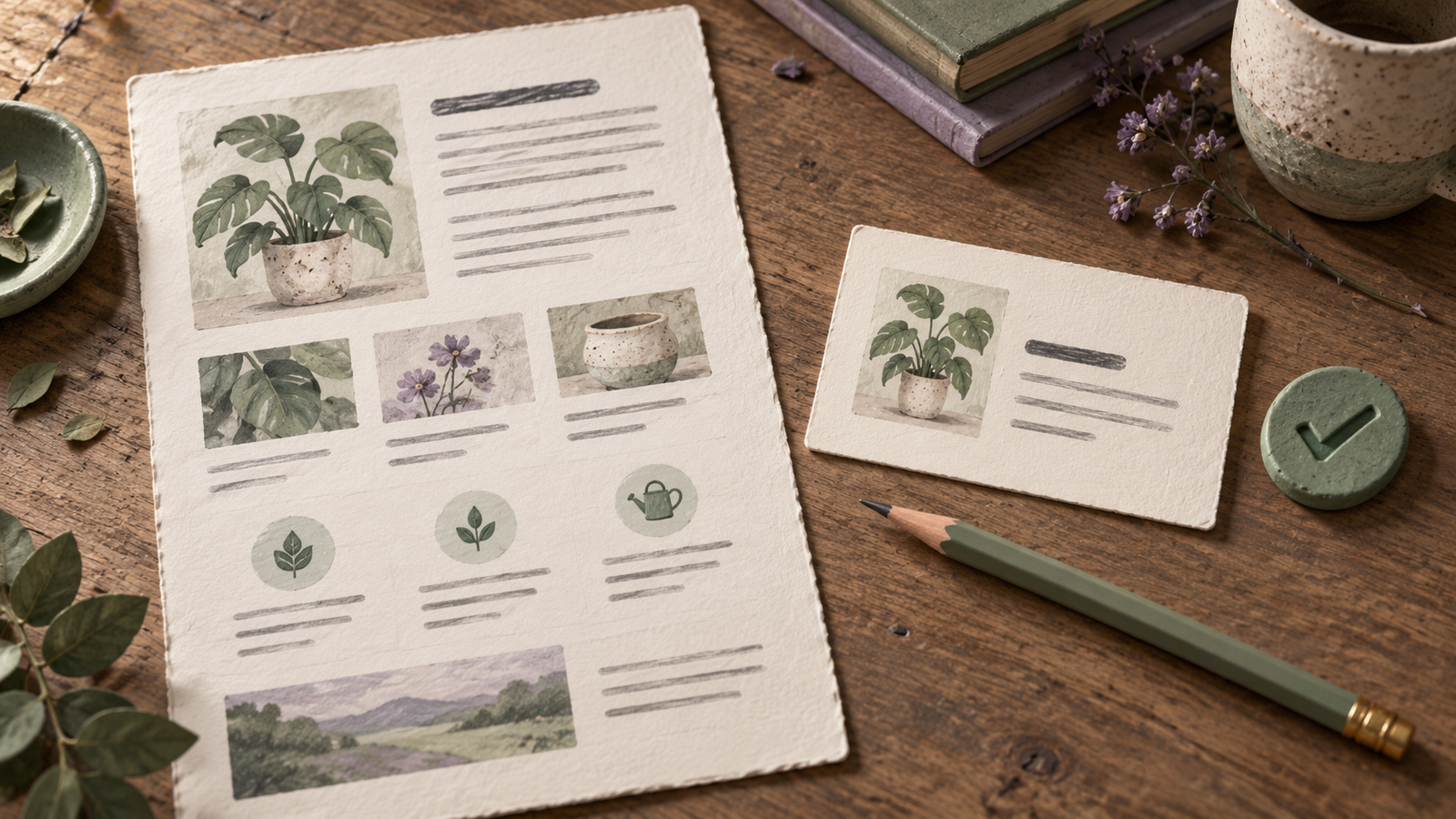 Illustrated service-page facts and a concise description draft reviewed with a pencil