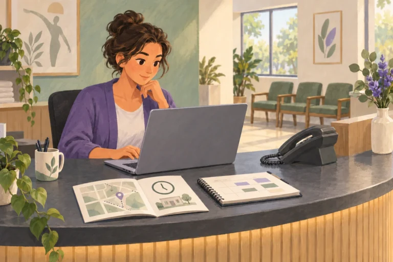 Illustrated receptionist answering a practical enquiry with practice information and an appointment diary