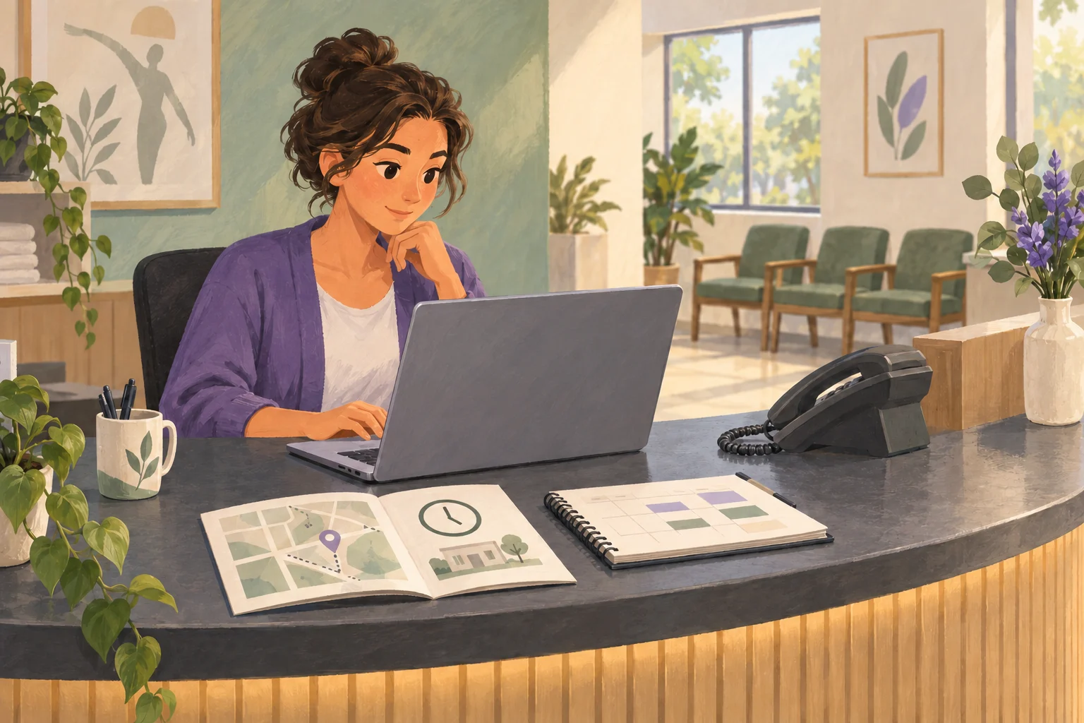 Illustrated receptionist answering a practical enquiry with practice information and an appointment diary