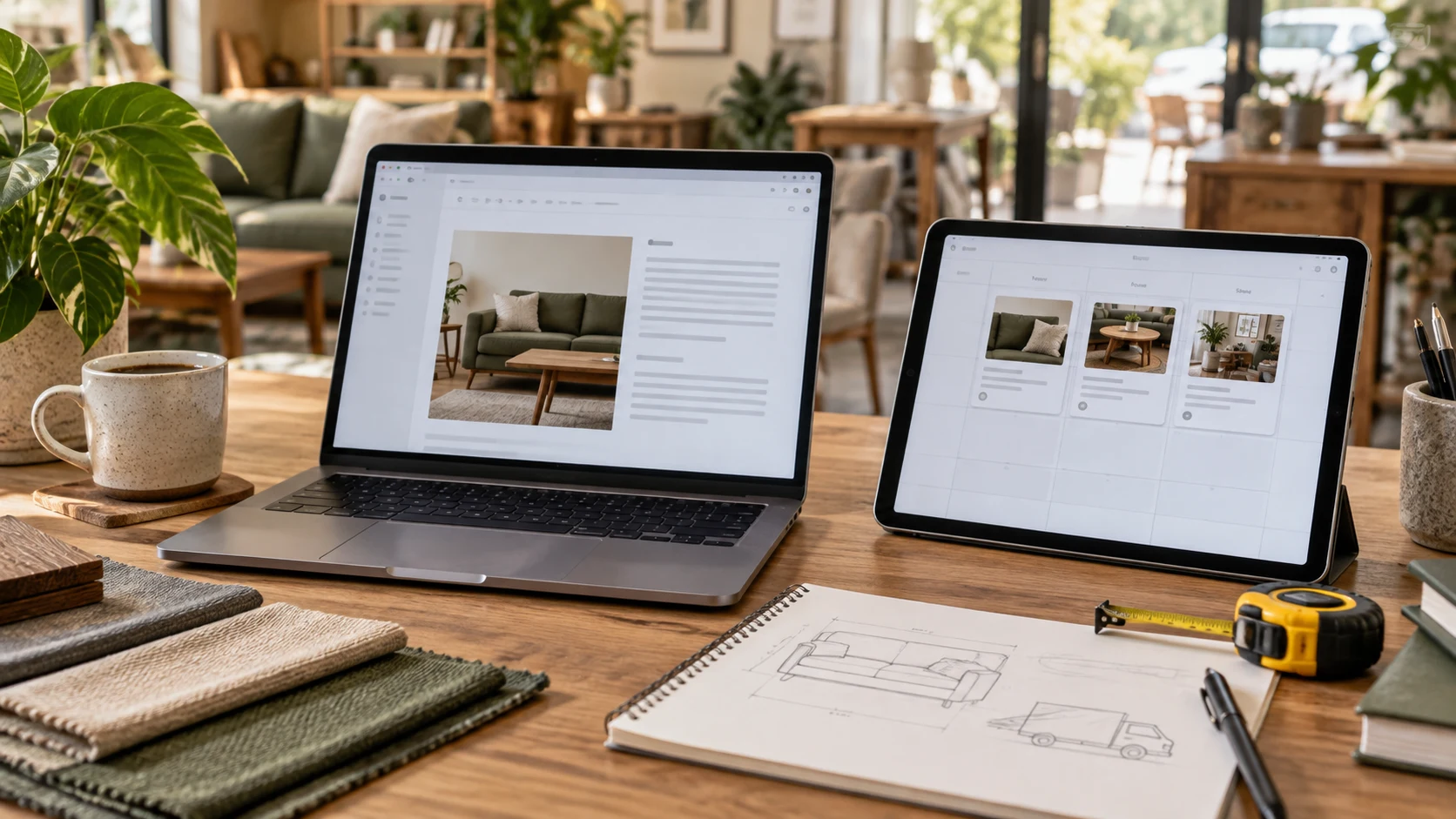 Laptop article editor and tablet content calendar beside a measuring tape on a furniture-shop desk