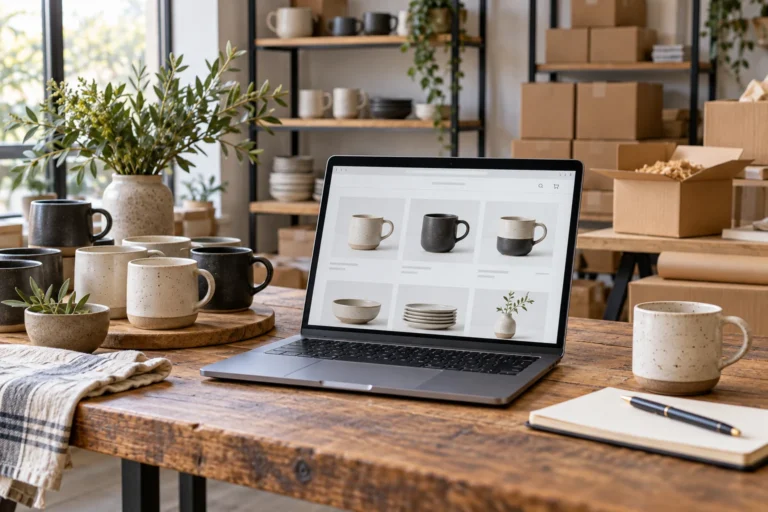 Ceramic mugs and a laptop product grid beside organized retail packing cartons