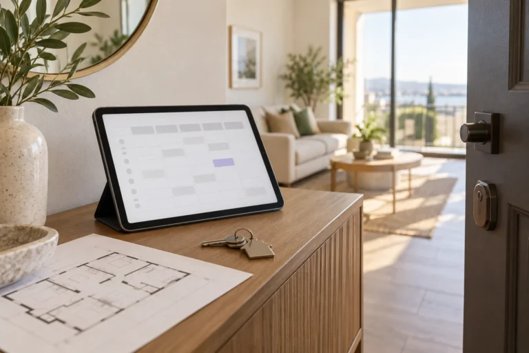 Tablet with an availability grid beside house keys and a floor plan at an apartment entrance