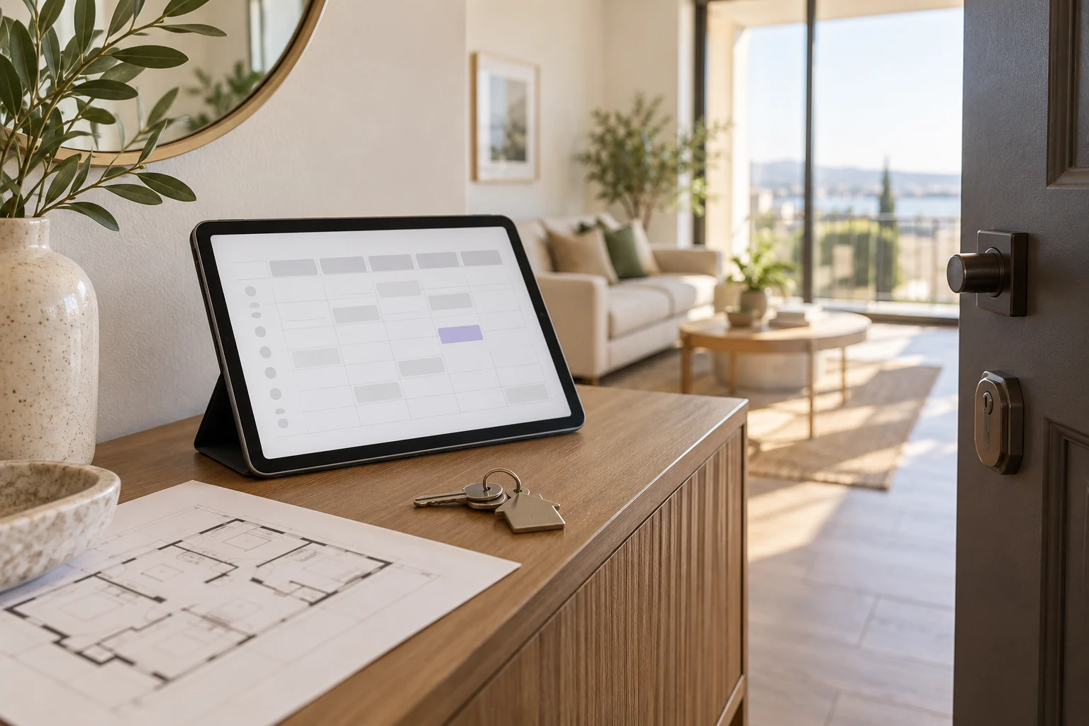 Tablet with an availability grid beside house keys and a floor plan at an apartment entrance