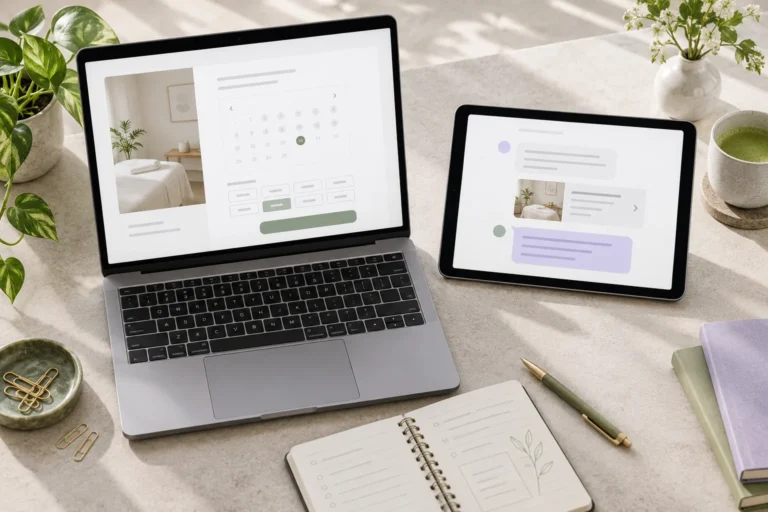 Laptop displaying a direct booking form beside a tablet with a service conversation