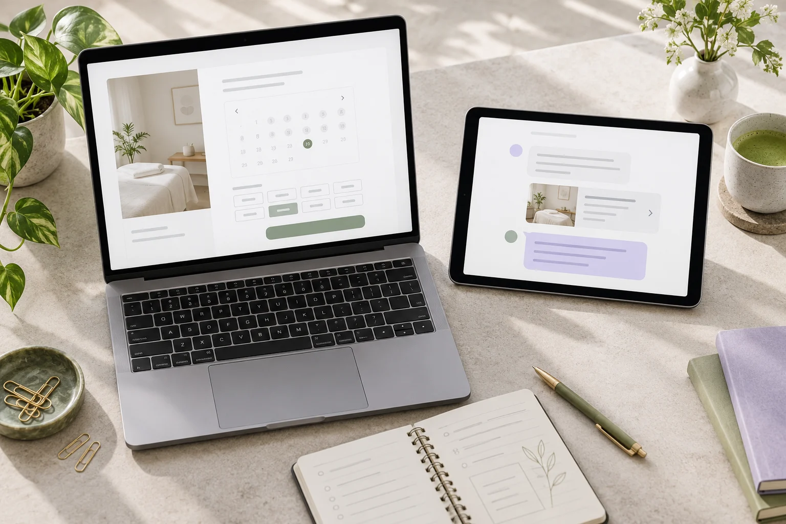 Laptop displaying a direct booking form beside a tablet with a service conversation