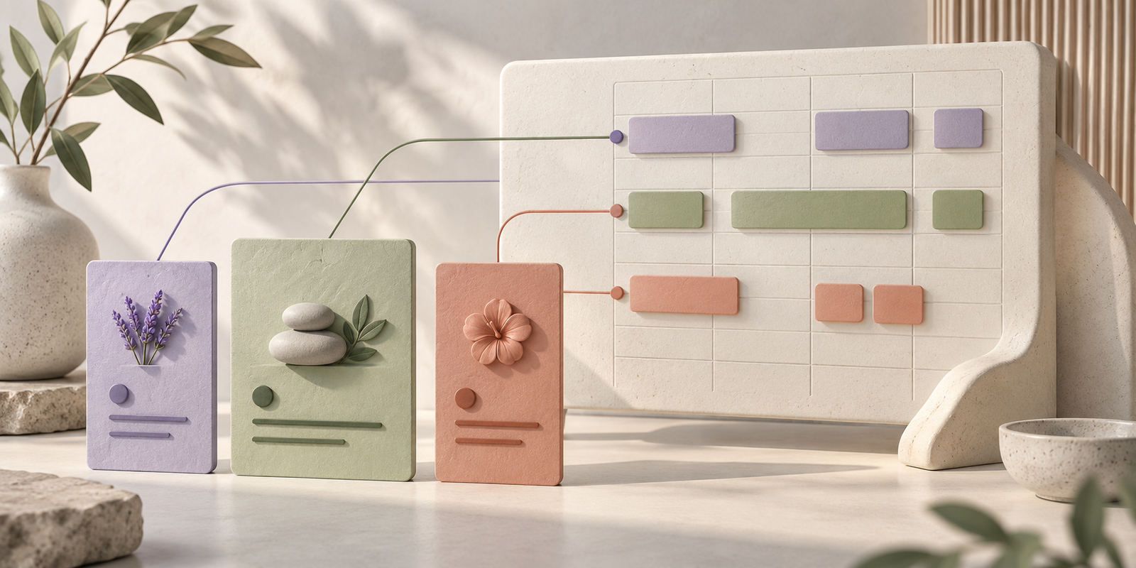 Three differently sized service cards linked to matching blocks on a schedule board