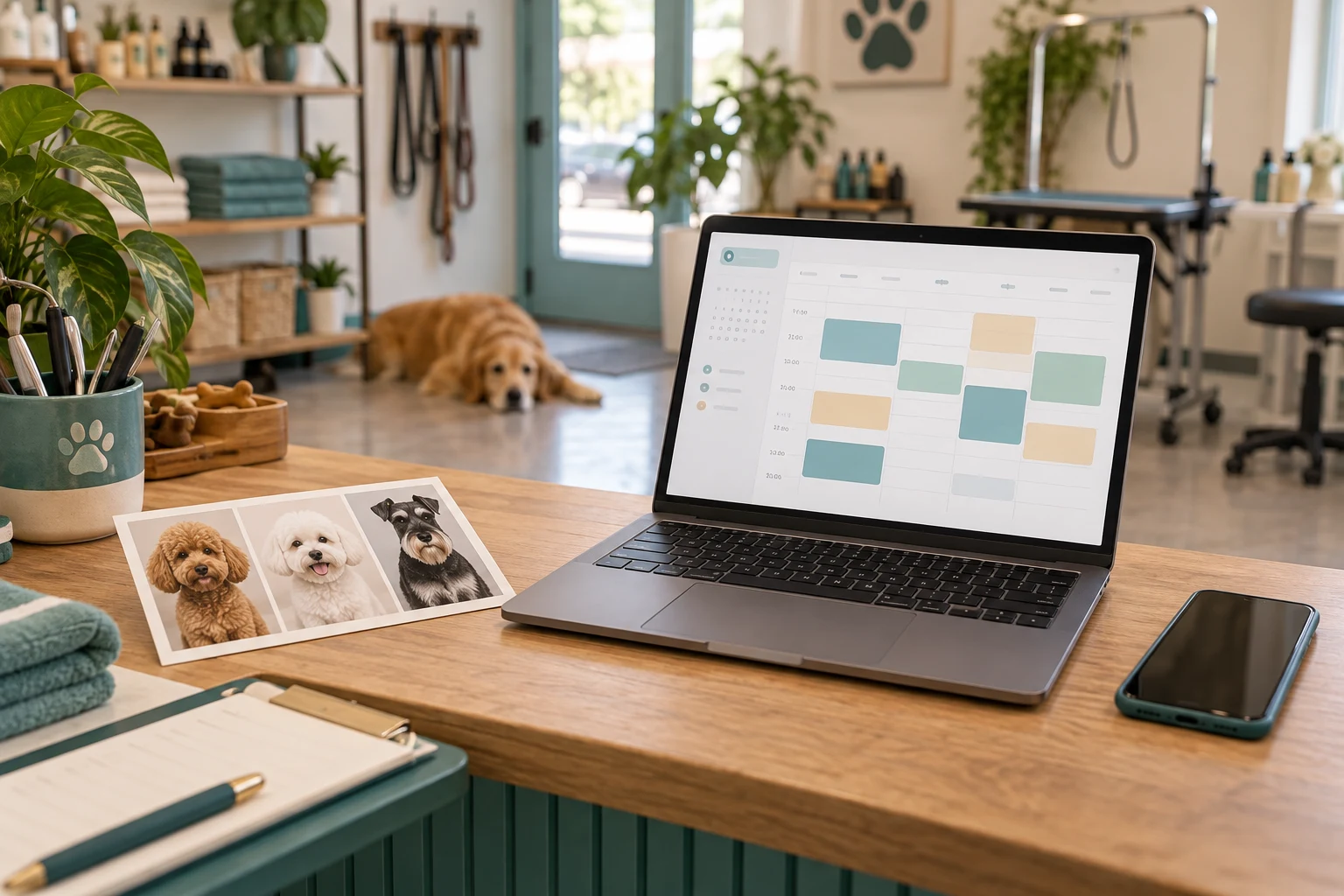 Laptop appointment calendar and phone at a pet grooming reception
