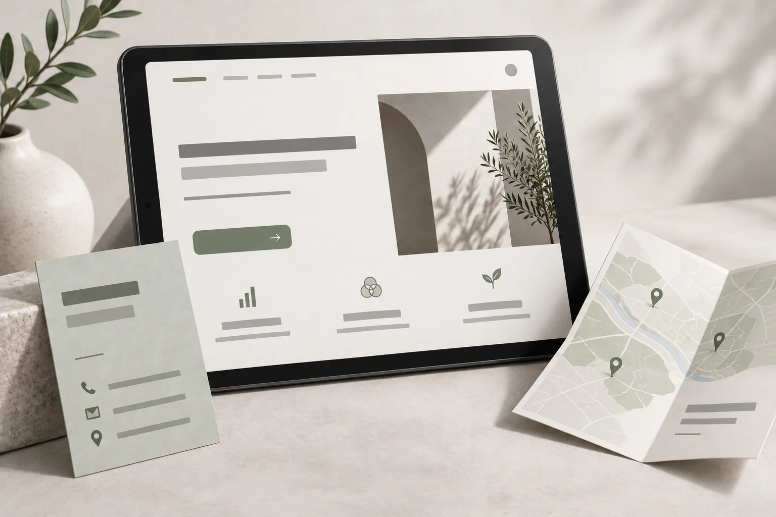 Conceptual business website on a charcoal tablet beside a contact card and service-area map.