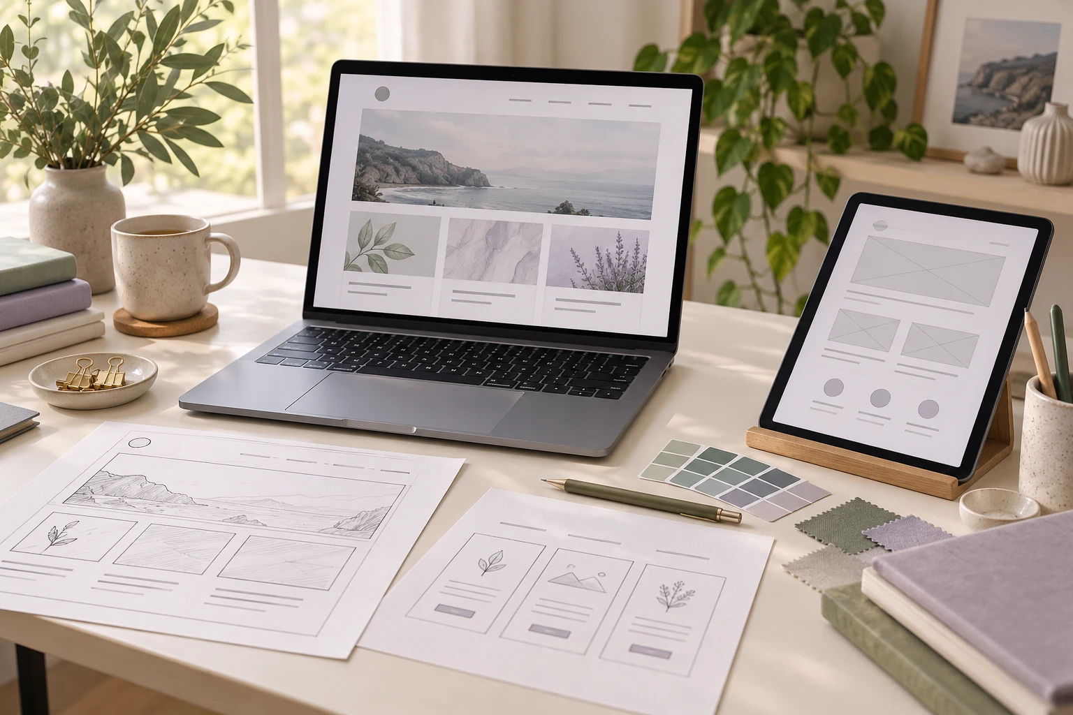 Freelance website layout on a laptop with wireframes, sketches and color swatches