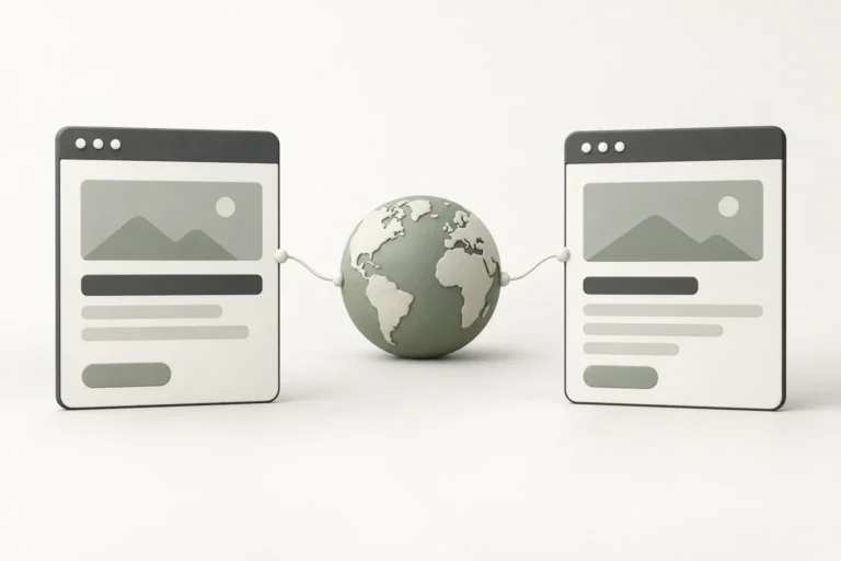 Conceptual globe linking two website cards with matching layouts and differently sized text bars.