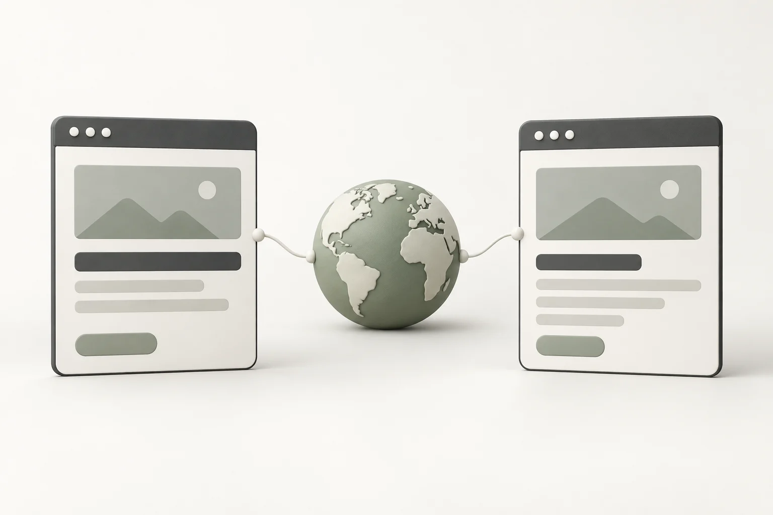 Conceptual globe linking two website cards with matching layouts and differently sized text bars.