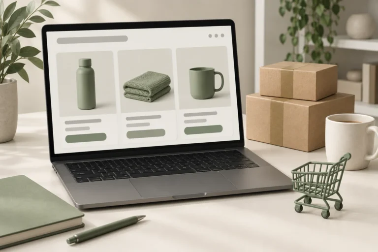Conceptual online product catalog on a laptop beside parcels and a small sage shopping cart.