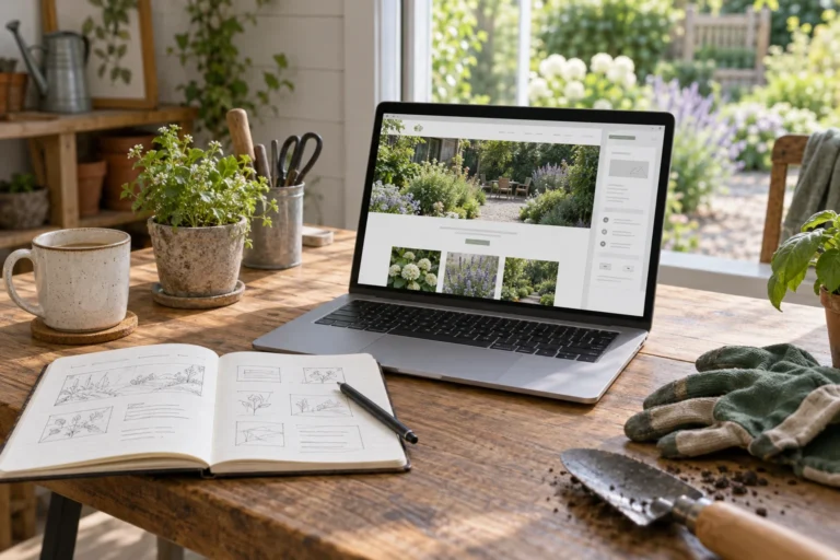 Laptop showing a gardening service website beside a notebook of page sketches and gardening gloves