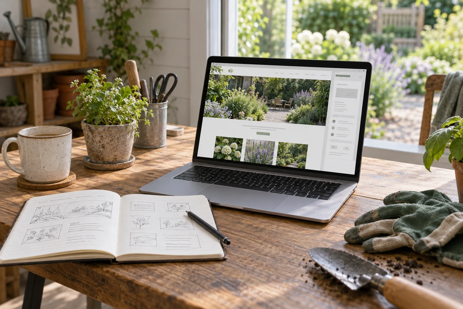 Laptop showing a gardening service website beside a notebook of page sketches and gardening gloves