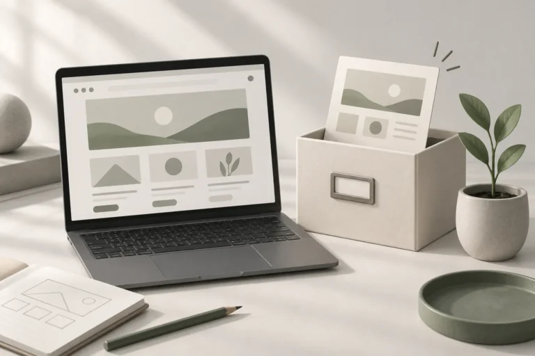 Conceptual website prototype on a laptop beside a saved-project archive box and a small plant.