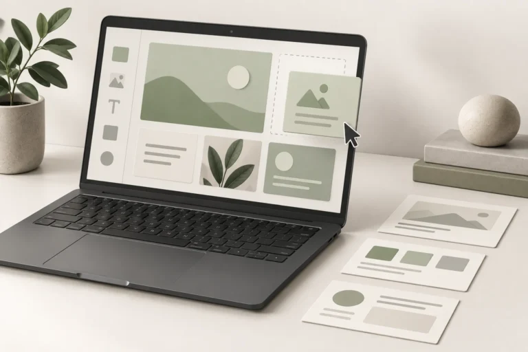 Conceptual laptop website editor with movable sage content cards and paper page layouts.