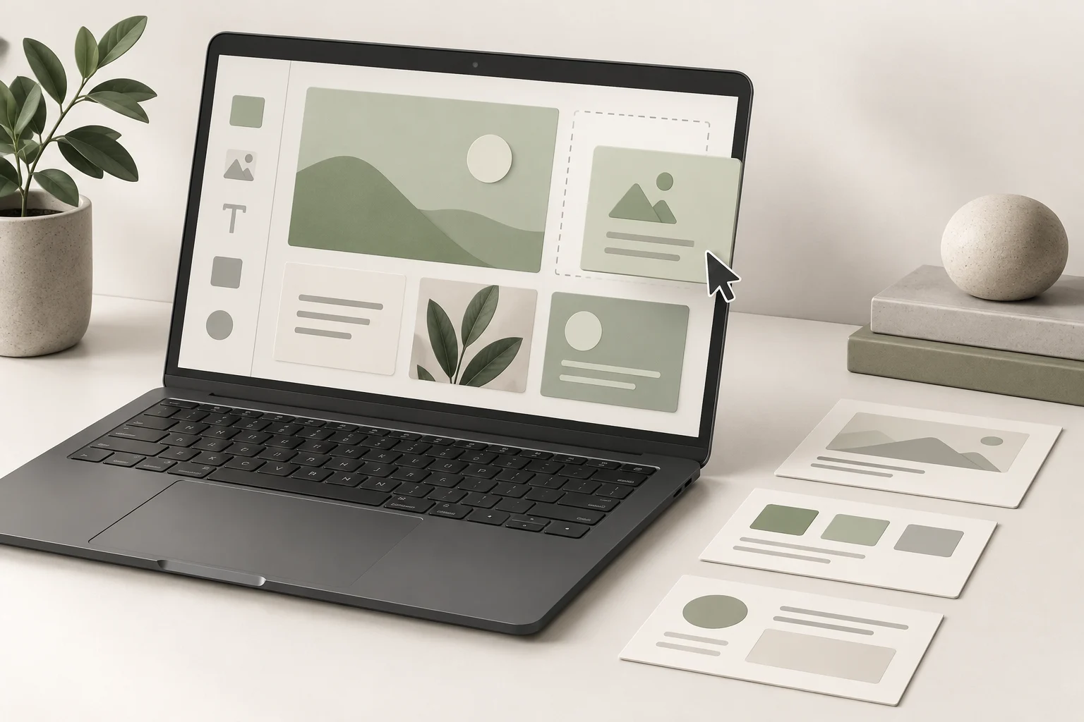Conceptual laptop website editor with movable sage content cards and paper page layouts.