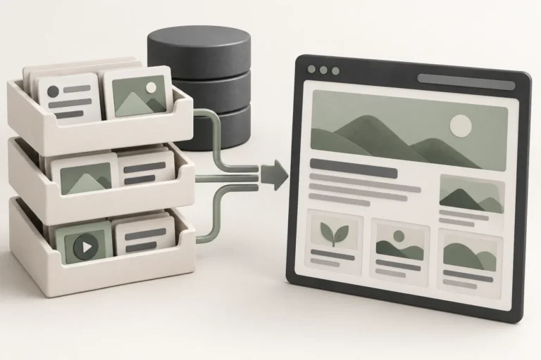 Conceptual content-library trays and a database feeding reusable layouts on a graphite screen.