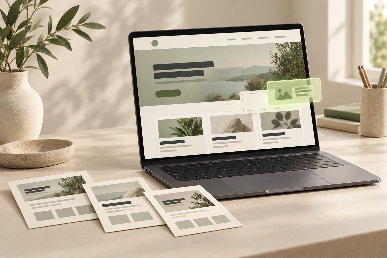 Graphite laptop with a simple business website layout beside paper layout cards and a pale-green floating module.