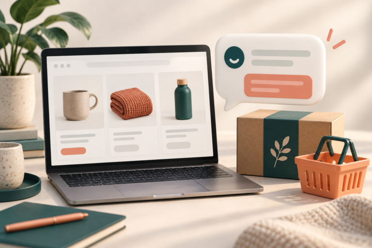 Laptop with abstract product cards and conversation bubble beside a parcel and basket
