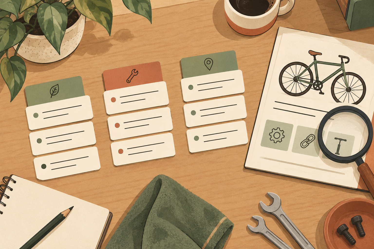 Search-query cards grouped beside a business service catalog and a magnifying glass.
