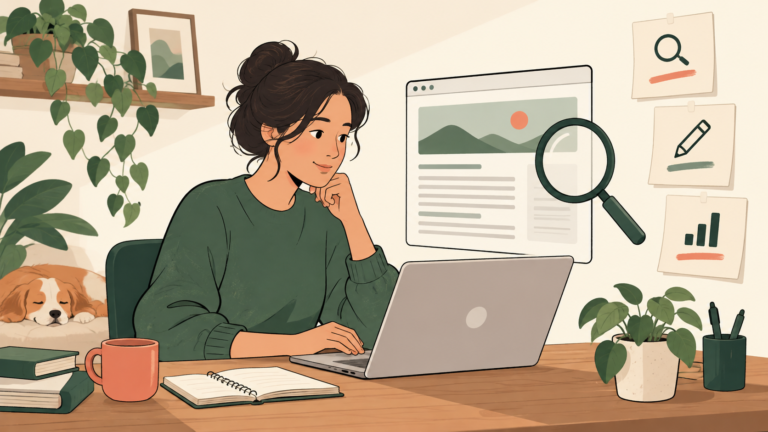 Business owner reviewing a web page with search, editing and measurement notes.