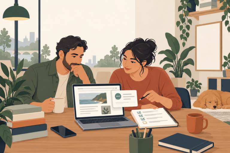 Business owner and SEO professional reviewing a website and checklist together.