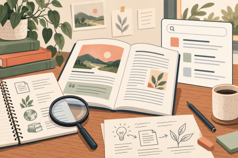 Illustrated article, source notebook and search results card representing reviewed original content.