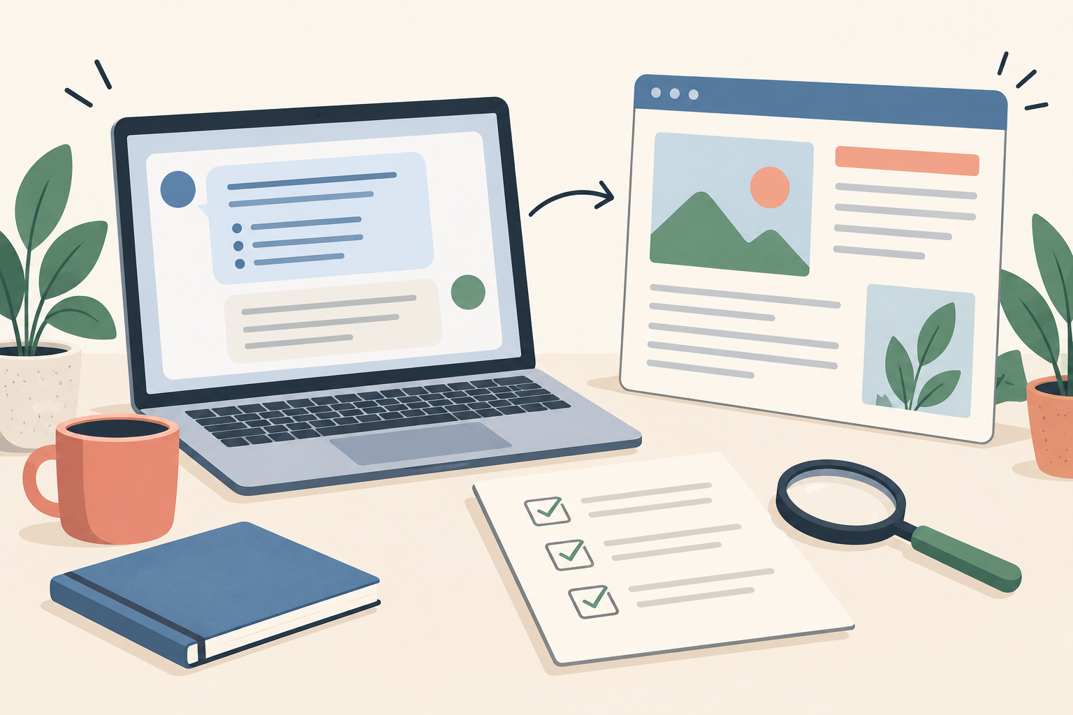 Laptop showing separate conceptual chat and website panels beside an editing checklist.