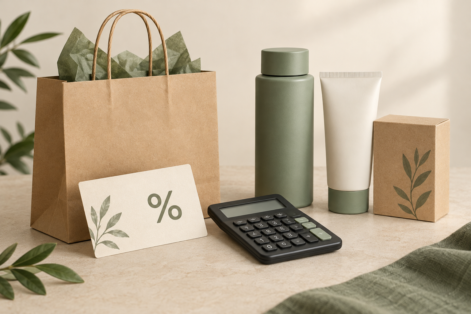 A shopping bag and coupon card beside a calculator and product packages