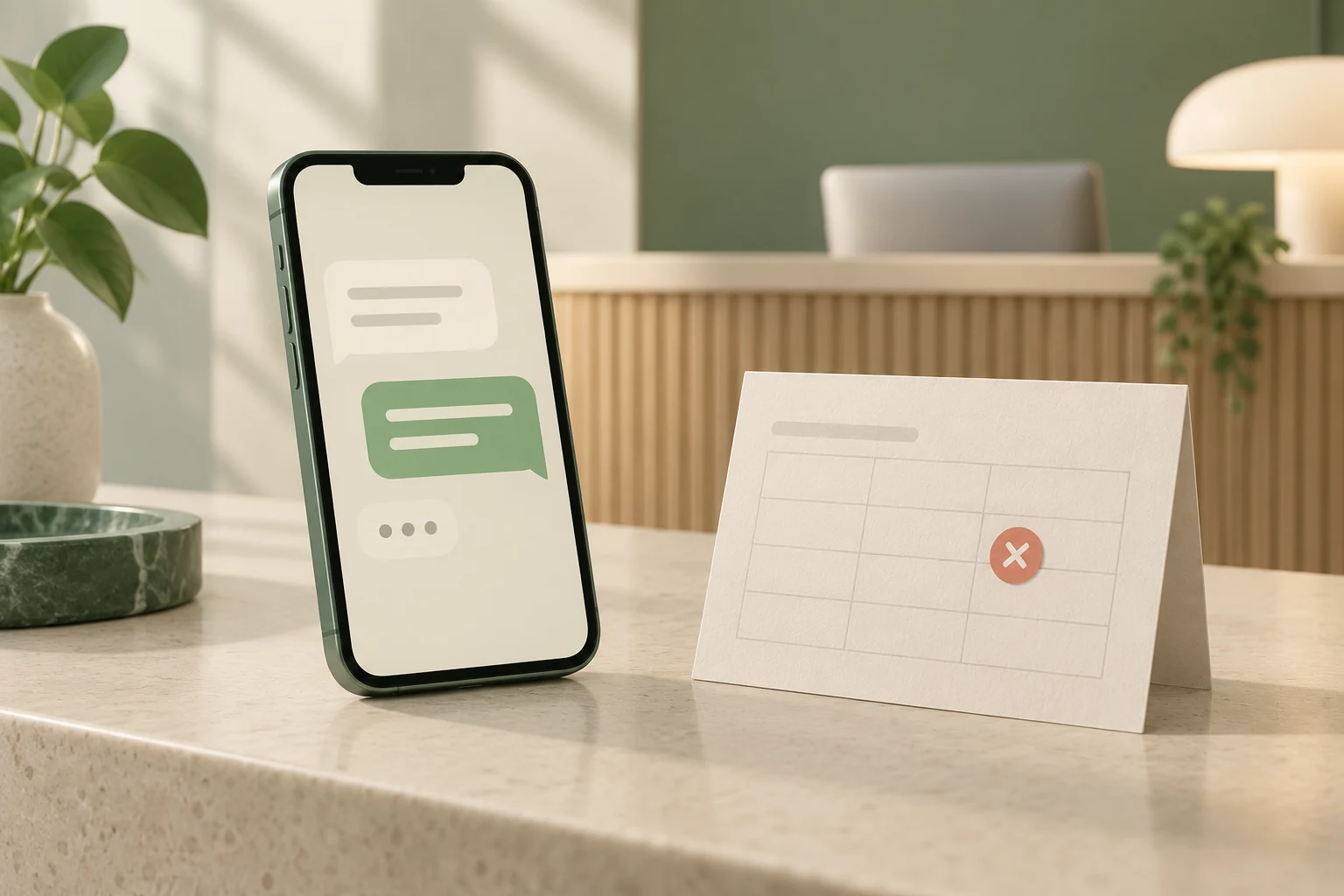 Phone conversation beside an appointment card marked with a crossed circle