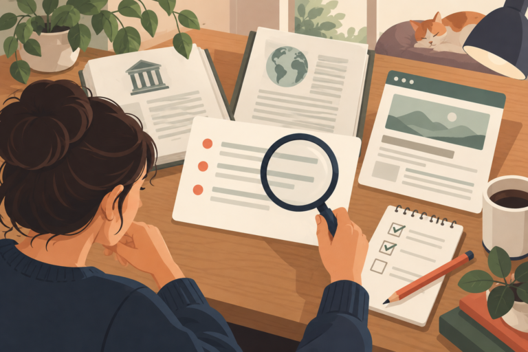SEO recommendation card checked against source documents with a magnifying glass.