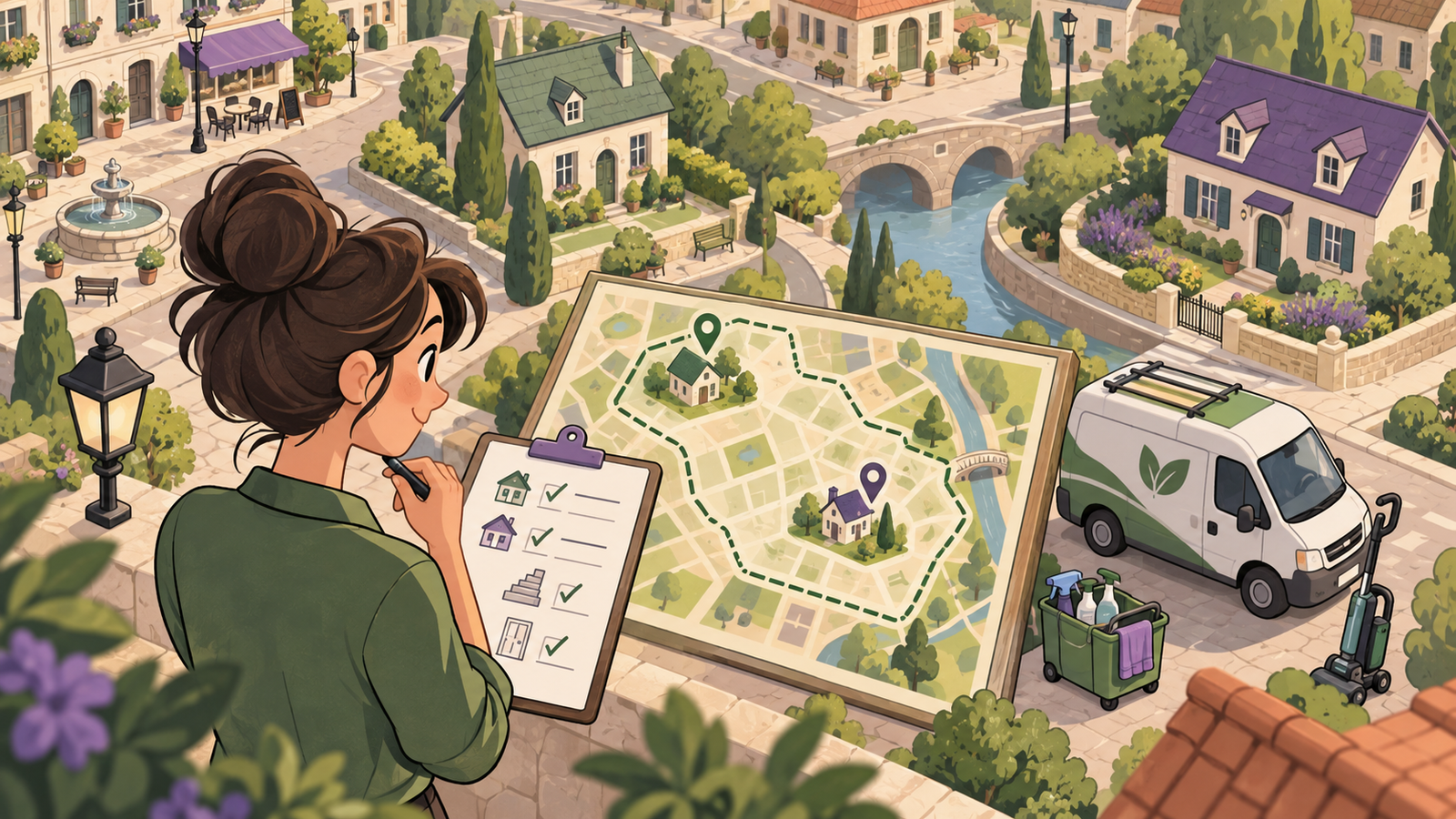 Illustrated town map and cleaning van used to review service coverage