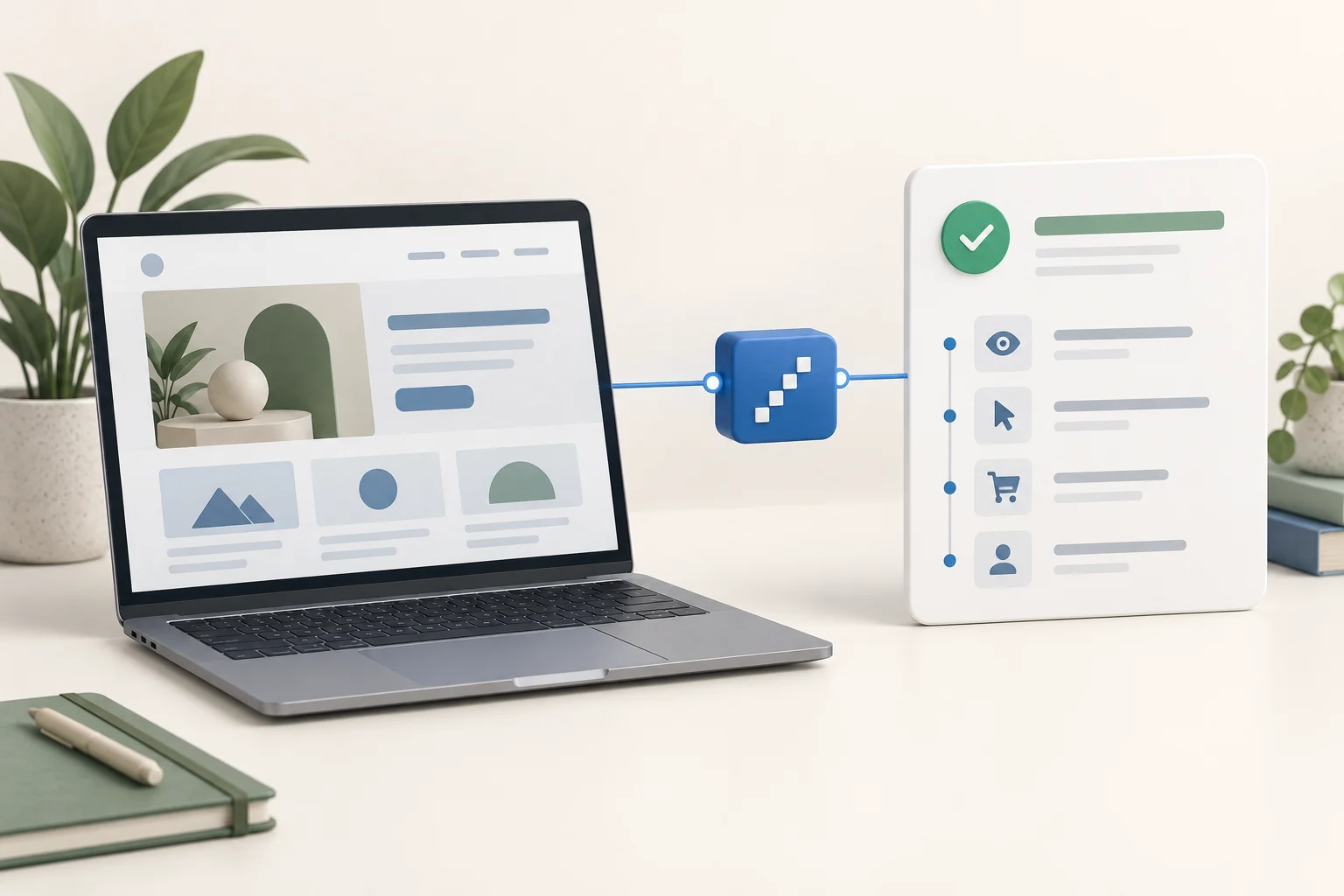 Conceptual illustration of a website event arriving at a diagnostic panel with a confirmation mark