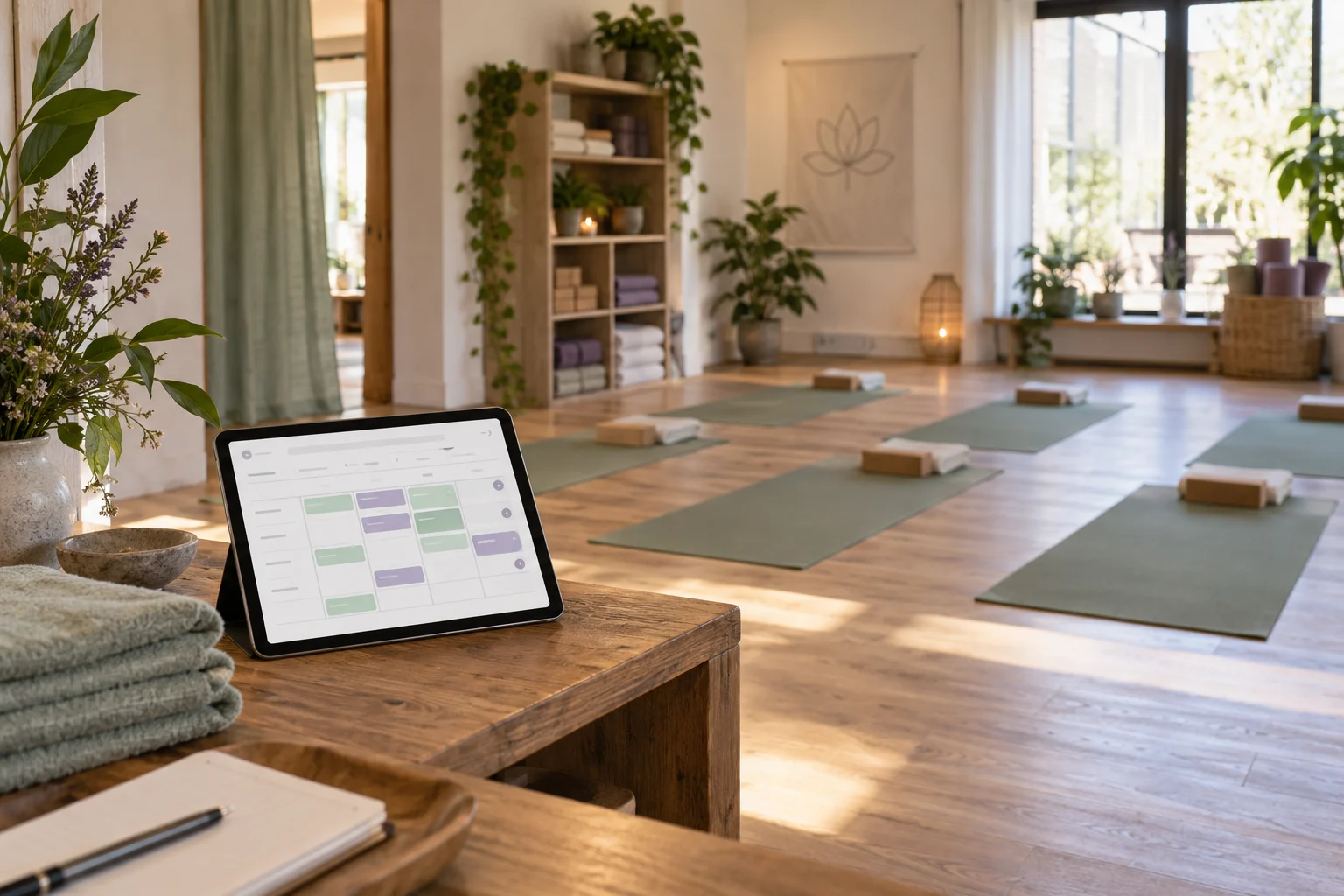 Yoga mats ready for a group class with a timetable displayed on a reception tablet